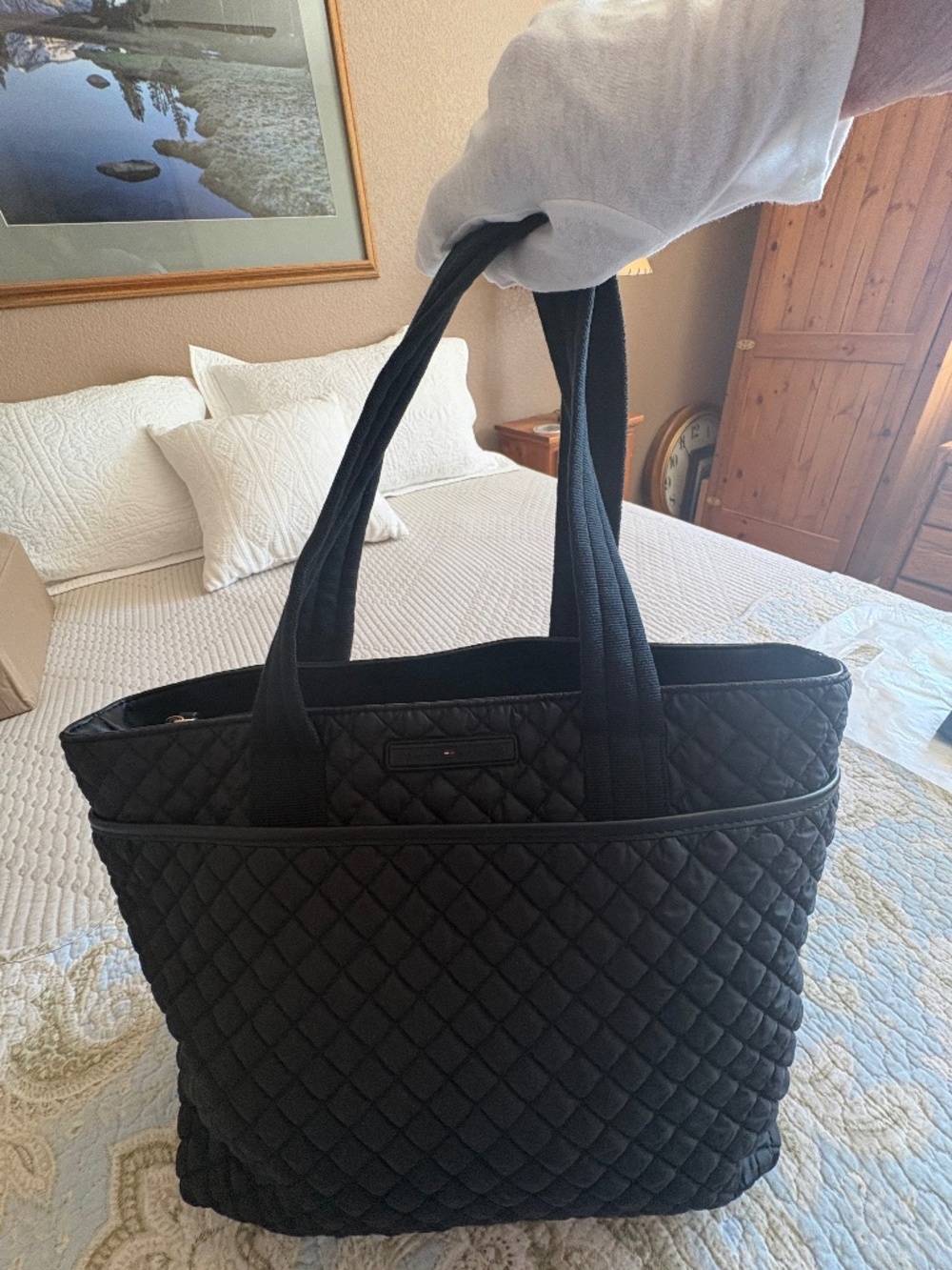 Tommy Hilfiger Black Quilted Tote Bag Purse 17” x 11” x 5”, NWT